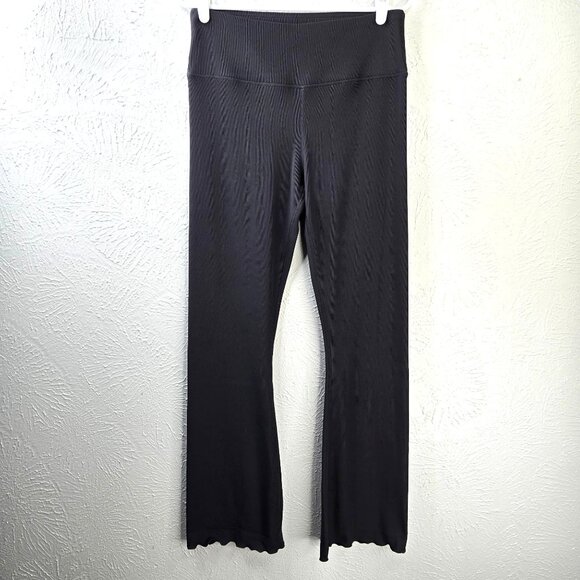 Ribbed Flare Yoga Pants Large Black High Waist Pull on Stretchy Athletic Bootcut - Picture 1 of 12
